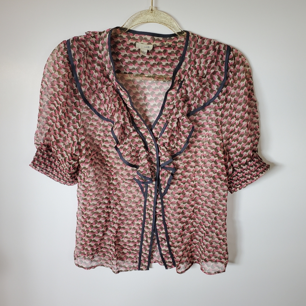 Anthropologie Odille 100% Silk Cottagecore Sheer Puff Sleeve Ruffle Collar Top